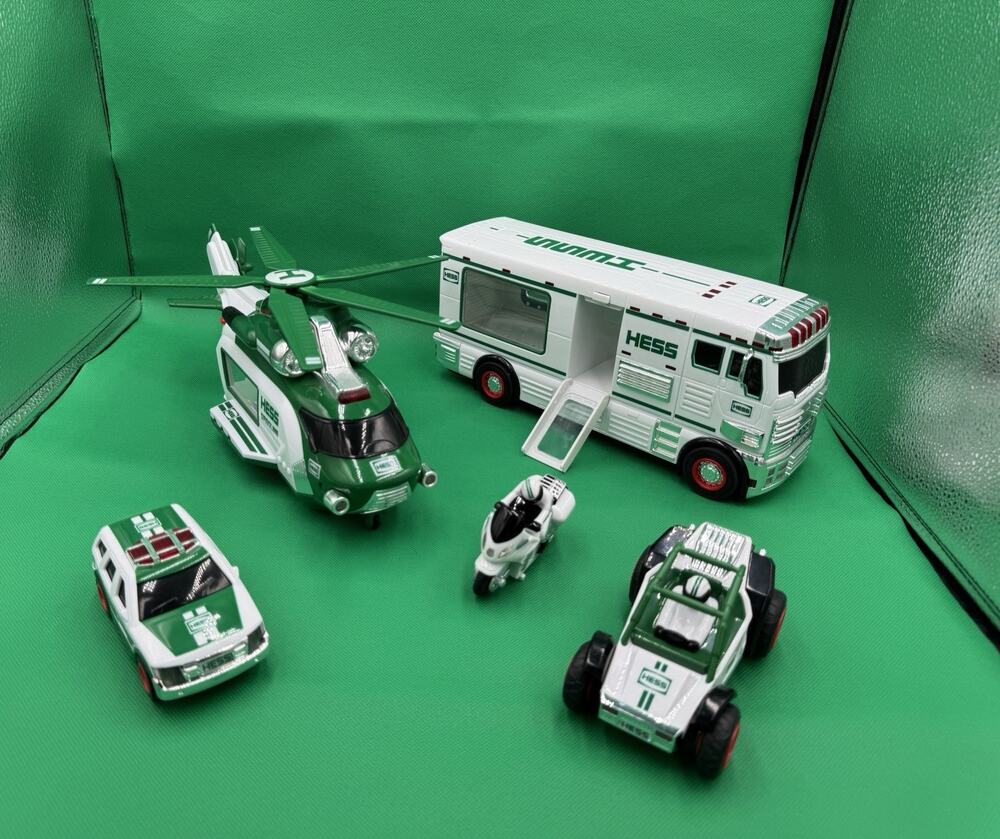 Vintage Hess Toy Lot 1998 Recreation Van RV Helicopter SUV Dune Buggy Motorcycle